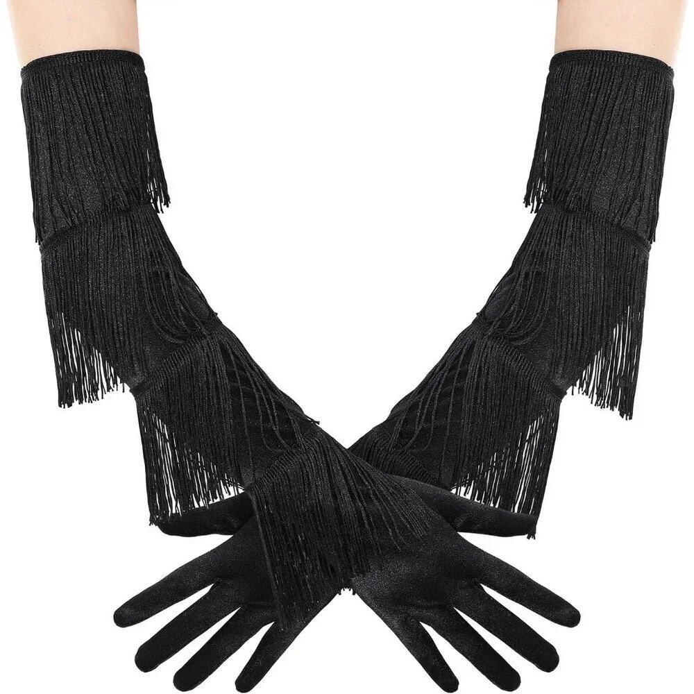 Women's Vintage Satin Fringe Long Black Gloves Elbow Length Party Accessories